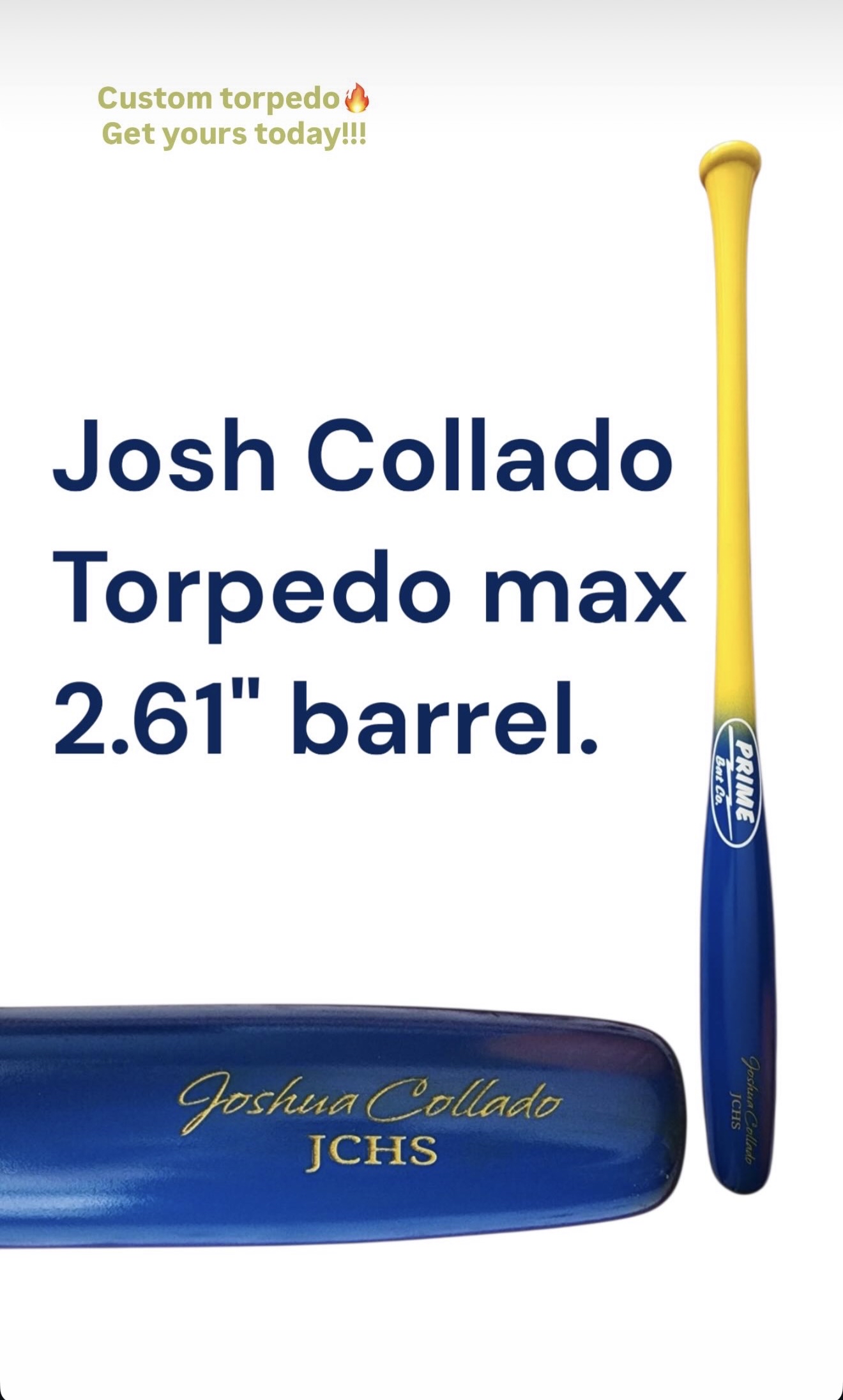 Blue and yellow Prime Bat Co torpedo-style custom build