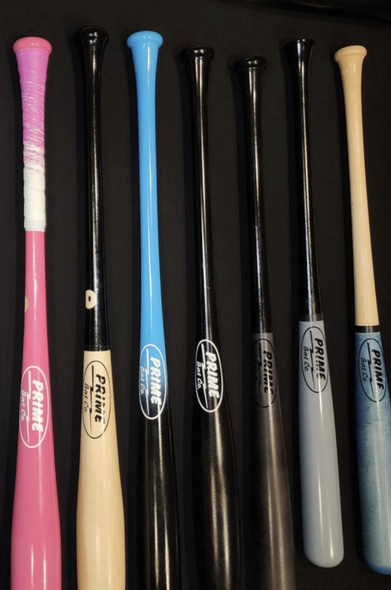 Prime Bat Co custom wood bats in multiple finishes and colors